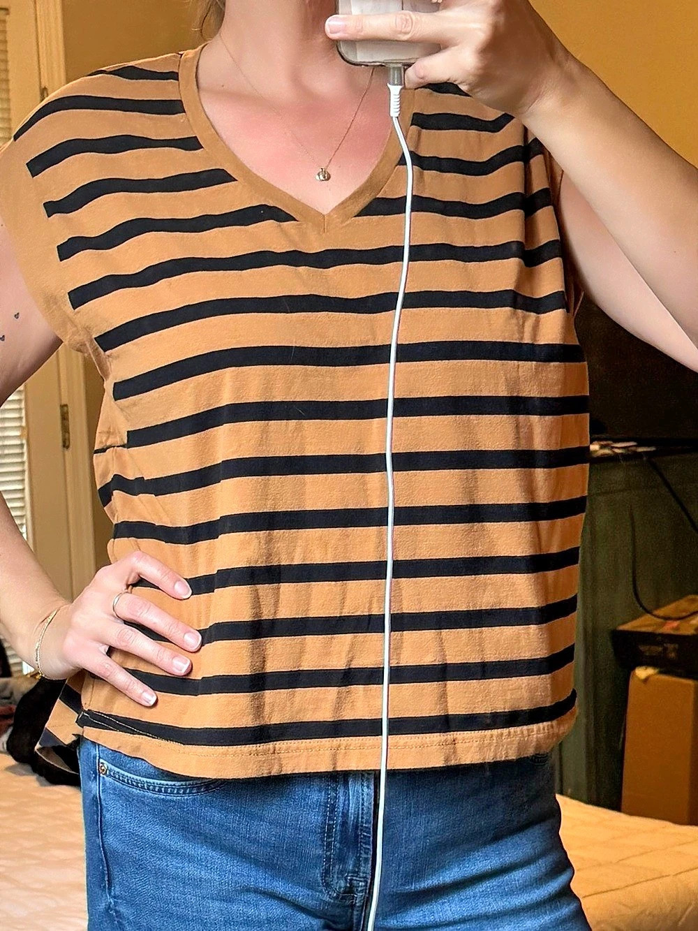 Halogen Striped V-Neck Tank Top in Brown & Black Large